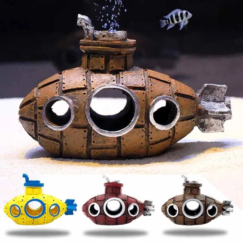 Aquarium Fish Hiding Places - ของตกแต่งเรซิ่นรูปเรือดำน้ำสำหรับตู้ปลา ตกแต่งตู้ปลา ที่หลบภัยสำหรับปลา กุ้ง ถ้ำ ตกแต่งภูมิทัศน์
