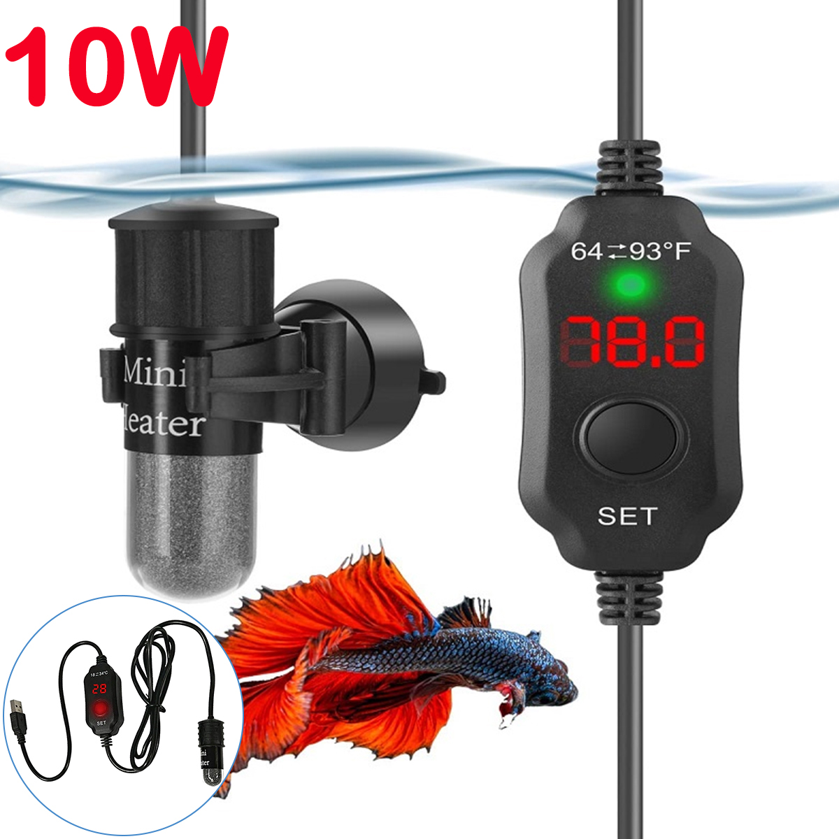 Aquarium Heater Submersible - แท่งทําความร้อนตู้ปลาแบบปรับได้ 10W 18-34 ° C Mini